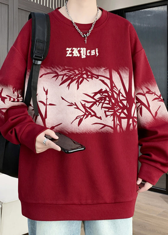 New Retro Black O Neck Print Cotton Men Pullover Streetwear Spring