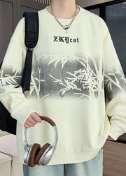 New Retro Black O Neck Print Cotton Men Pullover Streetwear Spring