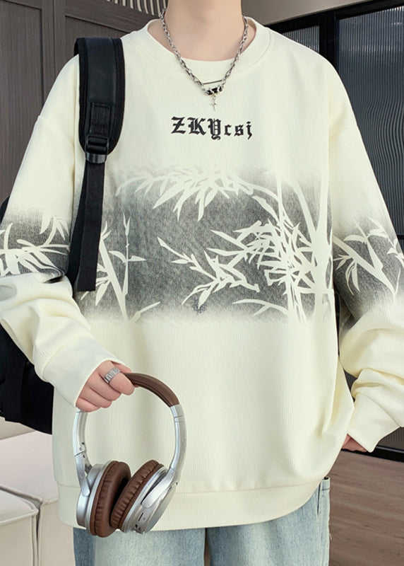 New Retro Black O Neck Print Cotton Men Pullover Streetwear Spring