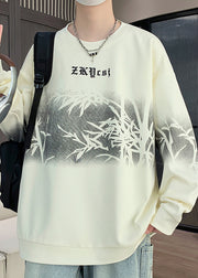 New Retro Black O Neck Print Cotton Men Pullover Streetwear Spring