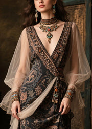 New Retro Black Patchwork Exra Large Hem Chiffon Maxi Dresses Summer