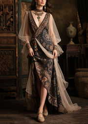 New Retro Black Patchwork Exra Large Hem Chiffon Maxi Dresses Summer