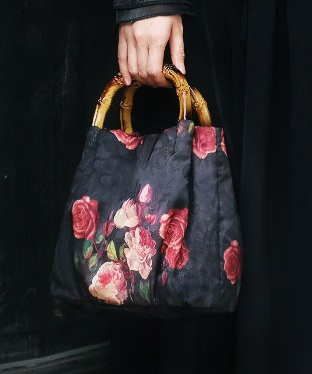 New Retro Black Silk Print Bamboo Tote Handbag