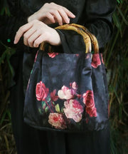 New Retro Black Silk Print Bamboo Tote Handbag