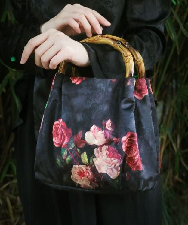 New Retro Black Silk Print Bamboo Tote Handbag