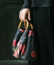 New Retro Black Silk Print Bamboo Tote Handbag