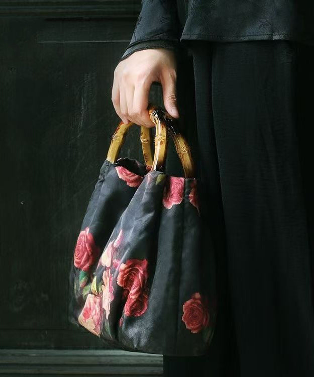 New Retro Black Silk Print Bamboo Tote Handbag