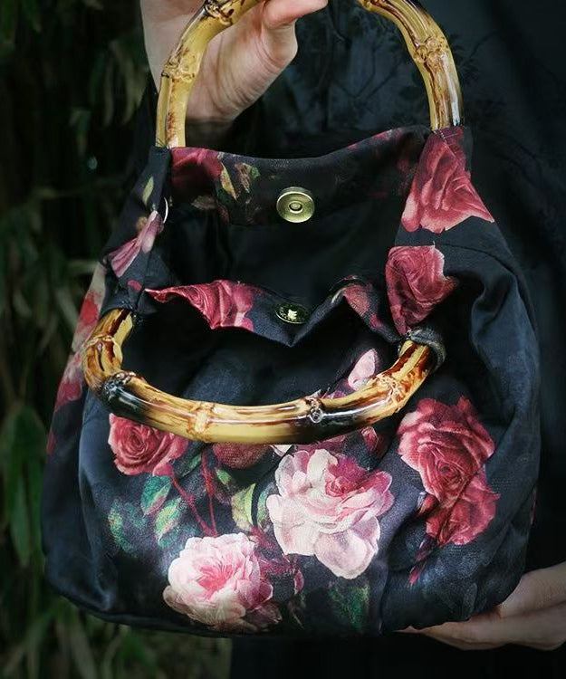 New Retro Black Silk Print Bamboo Tote Handbag