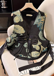 New Retro Black Tasseled Jacquard Silk Vests Summer