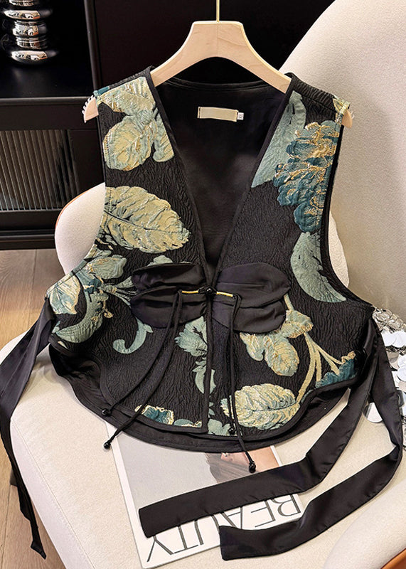 New Retro Black Tasseled Jacquard Silk Vests Summer