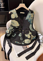 New Retro Black Tasseled Jacquard Silk Vests Summer