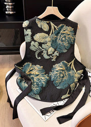 New Retro Black Tasseled Jacquard Silk Vests Summer