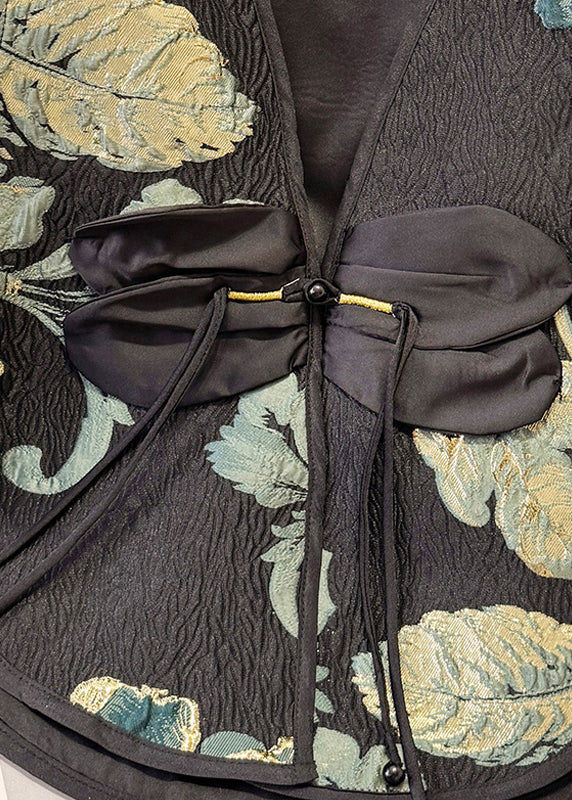 New Retro Black Tasseled Jacquard Silk Vests Summer