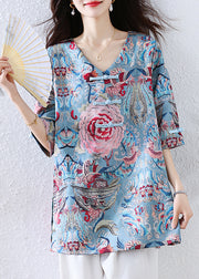 New Retro Blue Embroidered Silk Blouses Half Sleeve