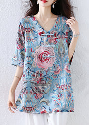 New Retro Blue Embroidered Silk Blouses Half Sleeve