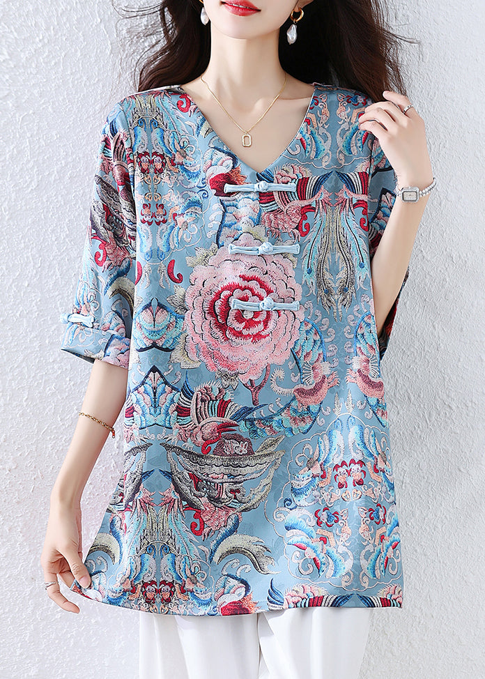 New Retro Blue Embroidered Silk Blouses Half Sleeve