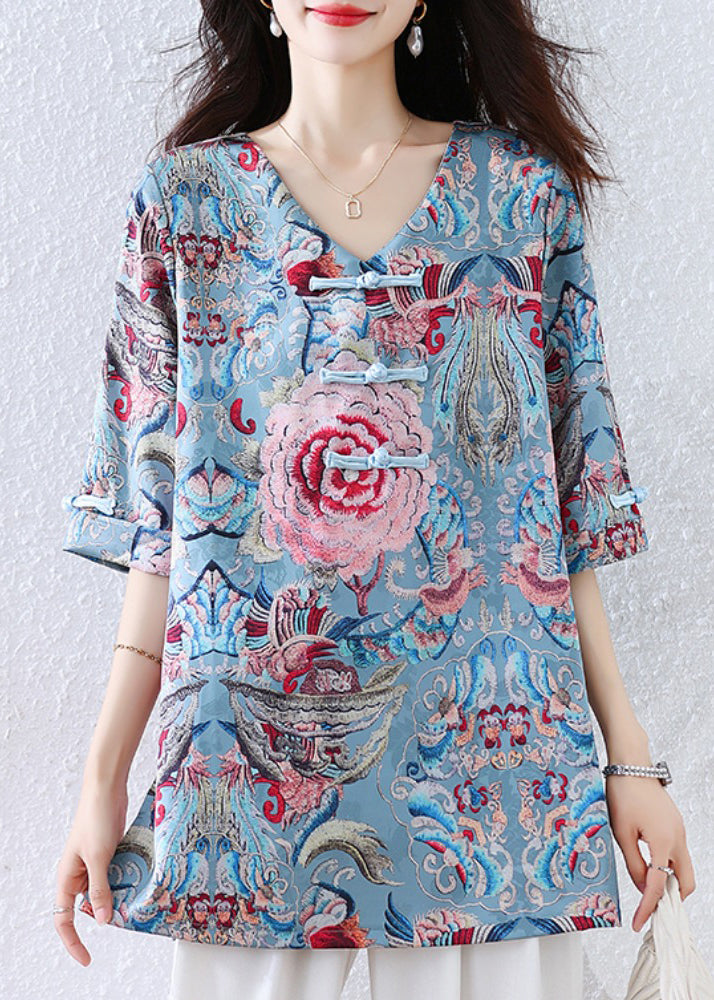New Retro Blue Embroidered Silk Blouses Half Sleeve
