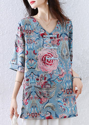 New Retro Blue Embroidered Silk Blouses Half Sleeve