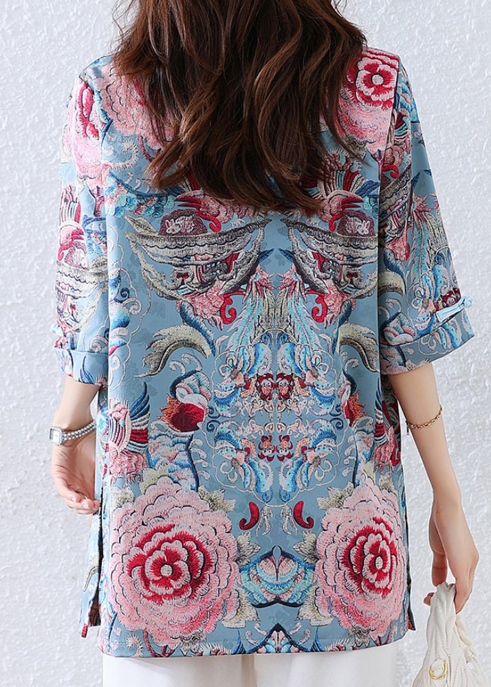 New Retro Blue Embroidered Silk Blouses Half Sleeve