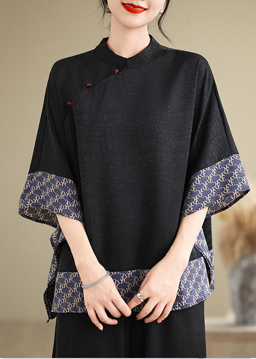 New Retro Blue Print Patchwork Silk Oriental Tops Summer
