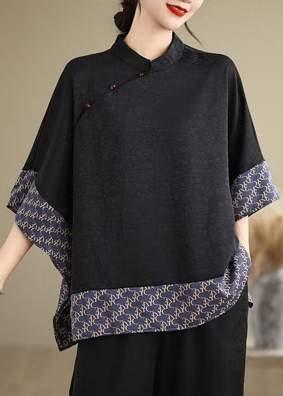 New Retro Blue Print Patchwork Silk Oriental Tops Summer