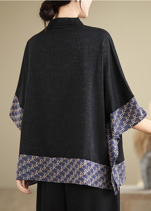 New Retro Blue Print Patchwork Silk Oriental Tops Summer