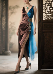 New Retro Brown Tasseled Patchwork Silk Cami Dress Summer