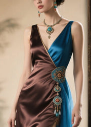 New Retro Brown Tasseled Patchwork Silk Cami Dress Summer