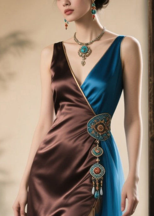 New Retro Brown Tasseled Patchwork Silk Cami Dress Summer