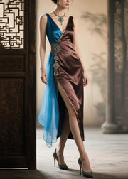 New Retro Brown Tasseled Patchwork Silk Cami Dress Summer