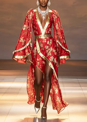 New Retro Chinese Red Asymmetrical Design Chiffon Wedding Dress Flare Sleeve