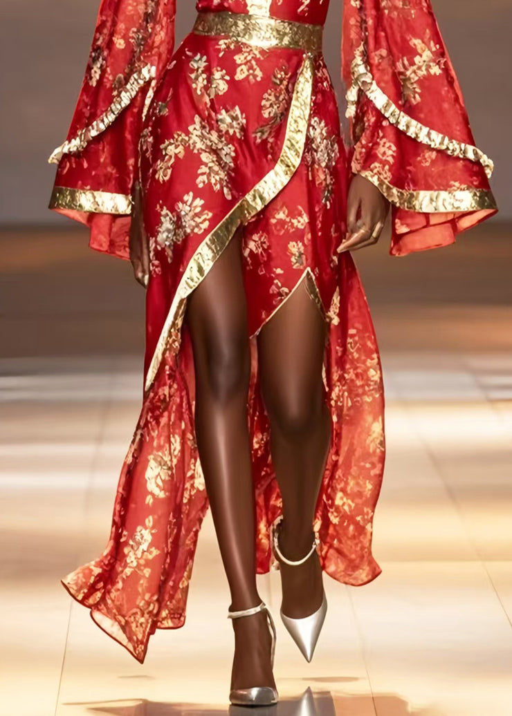 New Retro Chinese Red Asymmetrical Design Chiffon Wedding Dress Flare Sleeve