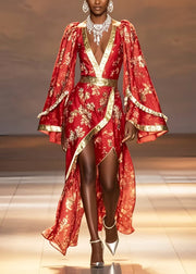 New Retro Chinese Red Asymmetrical Design Chiffon Wedding Dress Flare Sleeve