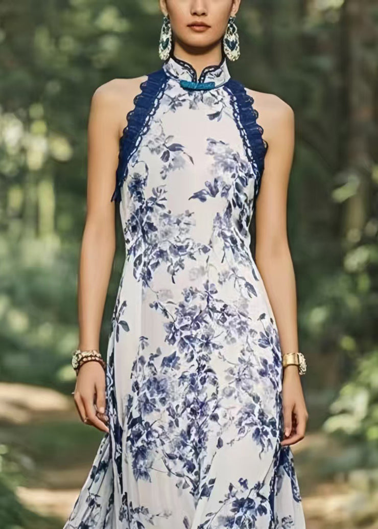 New Retro Cold Shoulder Print Chiffon Party Dress Summer