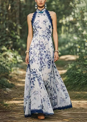 New Retro Cold Shoulder Print Chiffon Party Dress Summer