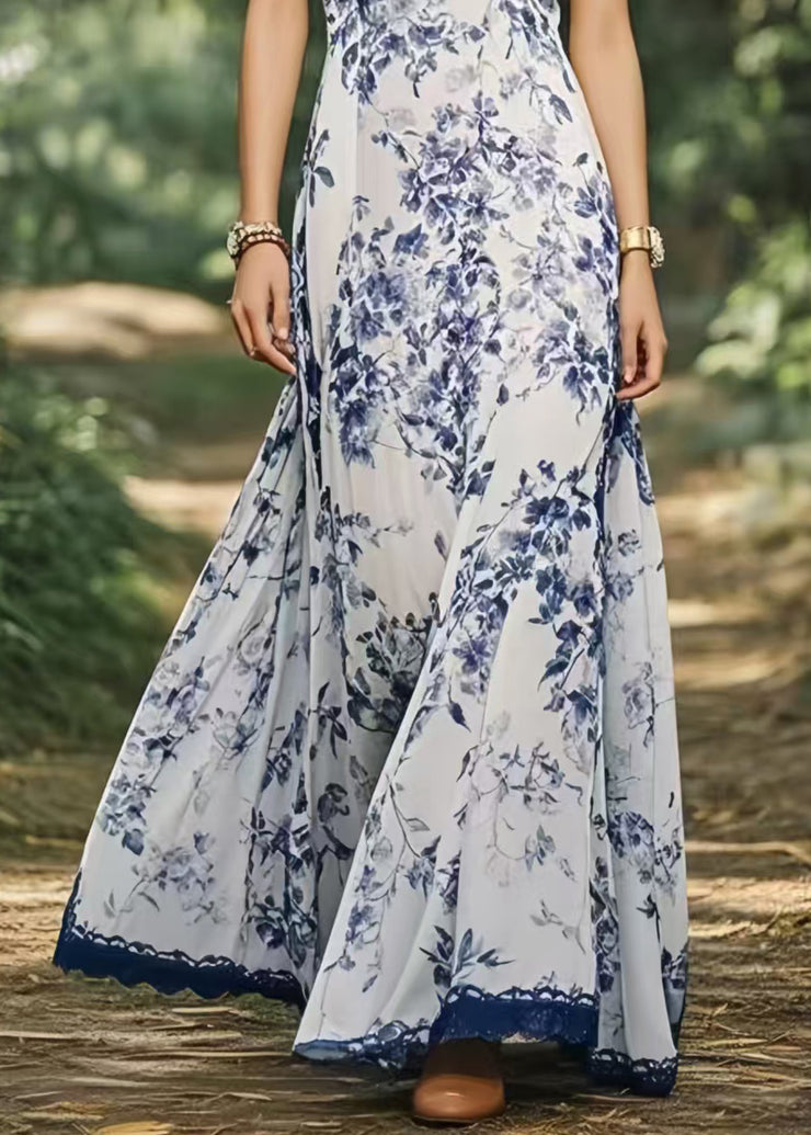 New Retro Cold Shoulder Print Chiffon Party Dress Summer