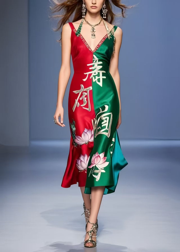 New Retro Colorblock V Neck Patchwork Silk Mini Dress Summer