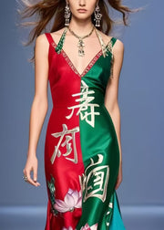 New Retro Colorblock V Neck Patchwork Silk Mini Dress Summer