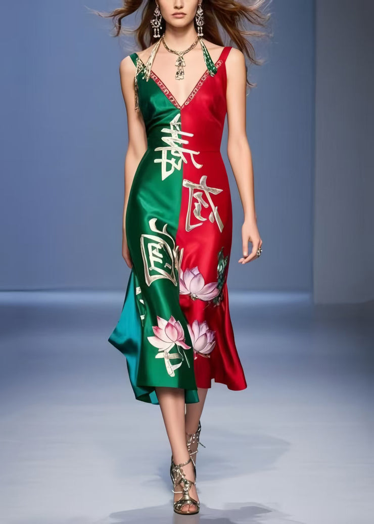 New Retro Colorblock V Neck Patchwork Silk Mini Dress Summer