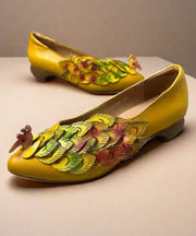 New Retro Ethnic Style Yellow Pointed Toe Cowhide Leather Shoes