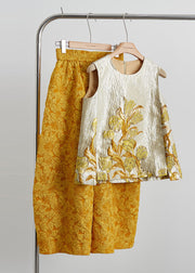 New Retro Golden Jacquard Silk Two Pieces Set Sleeveless