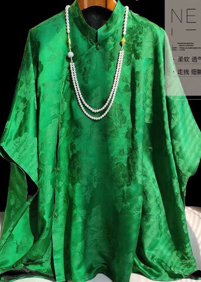 New Retro Green Oversized Jacquard Silk Blouses Summer