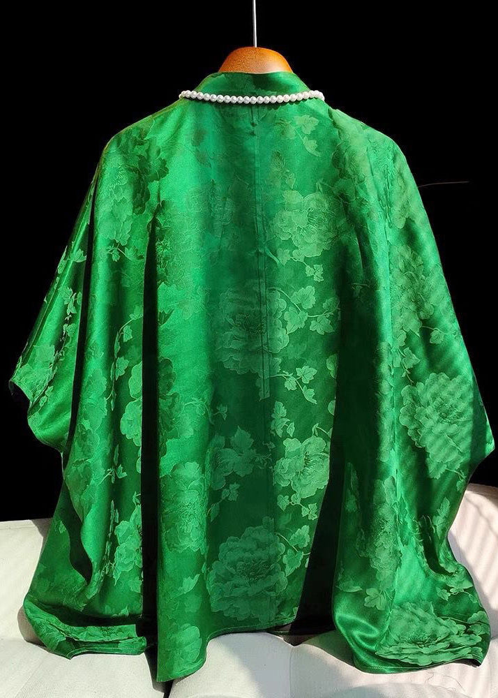 New Retro Green Oversized Jacquard Silk Blouses Summer