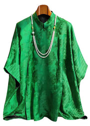 New Retro Green Oversized Jacquard Silk Blouses Summer