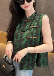 New Retro Green Print Chinese Button Vest Tops Sleeveless