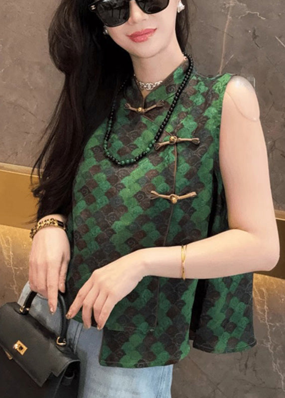 New Retro Green Print Chinese Button Vest Tops Sleeveless