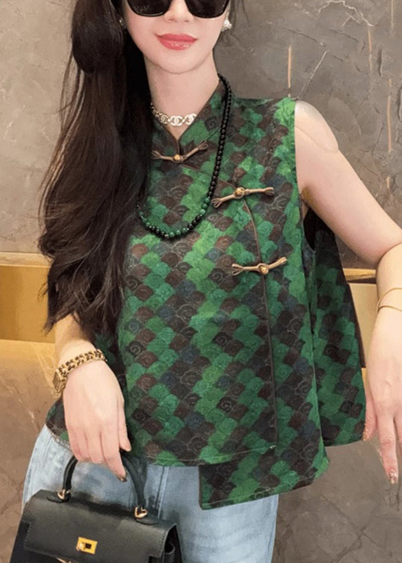New Retro Green Print Chinese Button Vest Tops Sleeveless