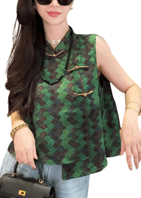 New Retro Green Print Chinese Button Vest Tops Sleeveless