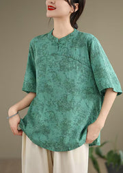 New Retro Green Print Cotton Oriental Tops Summer