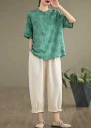 New Retro Green Print Cotton Oriental Tops Summer